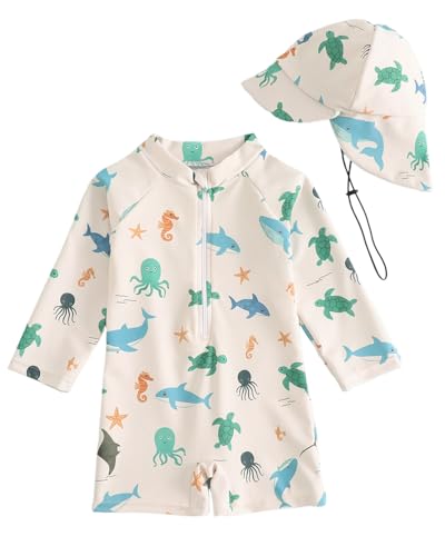 UV Kleidung Baby Badeanzug mit Hut Gr 62-98 Langarm UV Schutzkleidung Schwimmanzug Baby Mädchen Junge Kleinkind Einteiliger UV Badebekleidung Shirt Beiger Ozean 2-3 Jahre/92-98