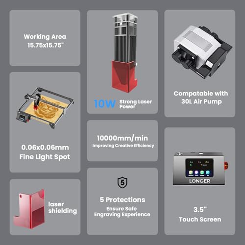 Image of Longer RAY5 Laser Engraver Bundle,10W Output Power,for Wood /Leather /Acrylic Engraving Cutting Machine, DIY Desktop Laser Cutter with Safety Protection, Air Assist & 3 in 1 Roller,400 * 401mm