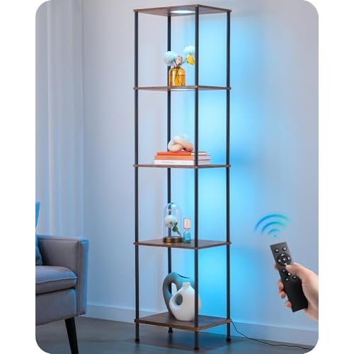 EDISHINE Modern Standing Lamp, 5-Tier Display Shelf with Light, Adjustable Brightness & Color Temperature, 3 Lighting Modes, Remote Control, Stable Floor Lamps for Living Room, Fire-Burned W