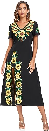 Image of YZXDORWJ Women Mexican Embroidered Dress V Neck Sexy Maxi Short Sleeve Casual Beach Split Dress
