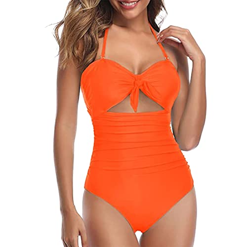 Traje de baño corto para mujer 2023 traje de baño para mujer, sexy cortado, traje de baño con cinturón, cintura alta, delantero con cordones, bikini bañador para mujer, 1 piezas, natación, naranja, L