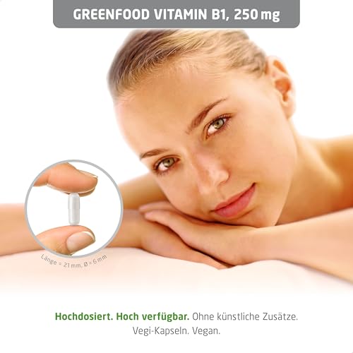 Vitamin B1, hochdosiert, 250mg - 120 Kapseln, vegan. Vitamin B 1 (Thiamin) - wichtig für Nervensystem und Energie. OHNE künstliche Zusätze - laborgeprüft. Von Greenfood.