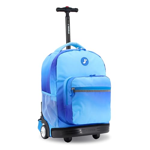Image of J World Sunrise Kids Rolling Backpack with Wheels for Girls Boys, Roller Bookbag for School, 18 x 13 x 9 Inches, Blue Gradient