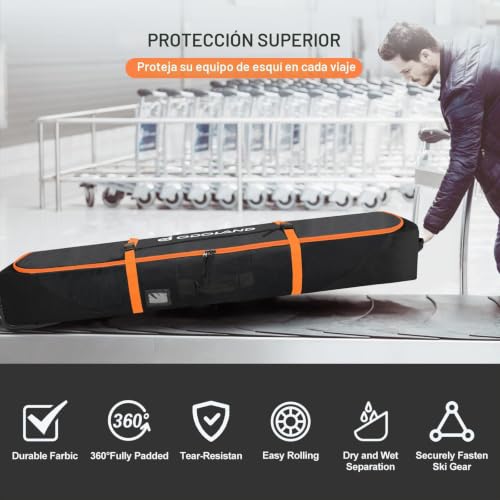 Miniatura 2 de Odoland Bolsa De Esquí Con Ruedas Bolsas Acolchadas Para Snowboard Y Botas De Esquí Con Ruedas Para Viajes En Avión, Tela Oxford 900d Impermeable, Apta A 2 Pares De Esquís De 170 190 Cm, Naranja