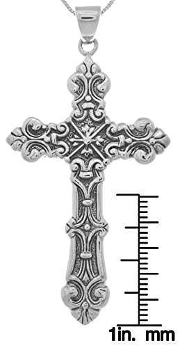 X-Large Medieval Fleur de Lis Gothic Cross Sterling Silver Pendant Necklace 18"2