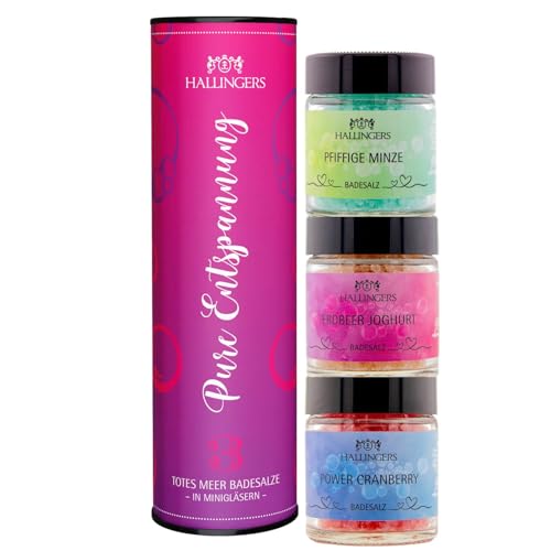 Hallingers Pure Relax – Juego de 3 sales de baño con sales del Mar Muerto, listo y listo como regalo (juego) – Ideas de regalo Navidad y regalos calendario de Adviento | Cumpleaños Felicitaciones