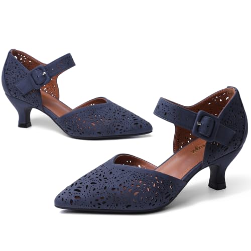 Image of RIBONGZ Comfortable Kitten Heels for Women Pointed Closed Toe Ankle Strap Buckle Heels Slip on Low Heel Church Pumps Wedding Bridal Party Dressy Shoes