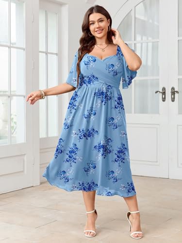 Image of SHESTARR Women's Plus Size Midi Dress Sweetheart Neck Short Sleeve Wedding Guest Cocktail A Line Flowy Dress