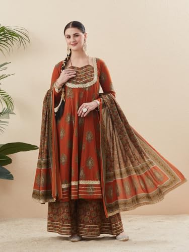Image of MOKOSH Women's Cotton Print Anarkali Kurta Sharara with Dupatta | Anarkali Kurta Set | Queen Anne Neck Full Sleeve Ethnic Suit | Floral Kurta 3 Colour Option Available | 3 Piece Outfit