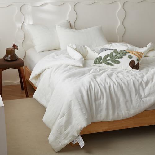 Image of Simple&Opulence 100% Cotton Waffle Weaving Comforter Set-3 Pieces Bedding Set(1 Comforter and 2 Pillowcases), Lightweight Soft Breathable Comforter Bed Sets for All Season(White, Queen)