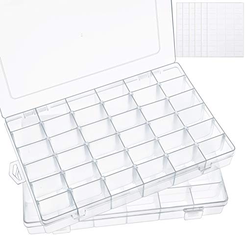 SGHUO 2 Pack 36 Grids Plastic Organizer Box with Adjustable Dividers, Clear Storage Container for Beads Jewelry Fishing Tackles Letter Board Letters with Label Stickers