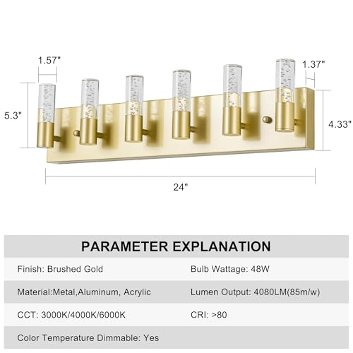 Image of Bathroom Vanity Light Fixtures Over Mirror, Brushed Golden Finish Coating, 6 Light Wall Sconces for Bathroom
