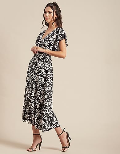 Image of Moomaya Women's Printed Dress, V-Neck, Short Sleeves, Ruffled Midi Summer Dress