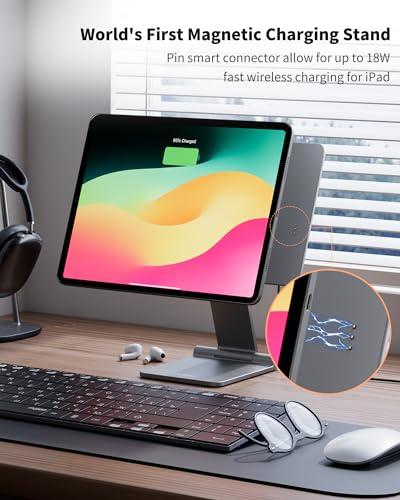 KU XIU [アップグレード] 磁気ワイヤレス充電スタンド iPad Pro 11インチ M4/M5専用 折りたたみ式アルミニウム合金タブレット iPadホルダー デスク用マウント 360°調節可能なタブレットスタンド 1m USB Cケーブル付き
