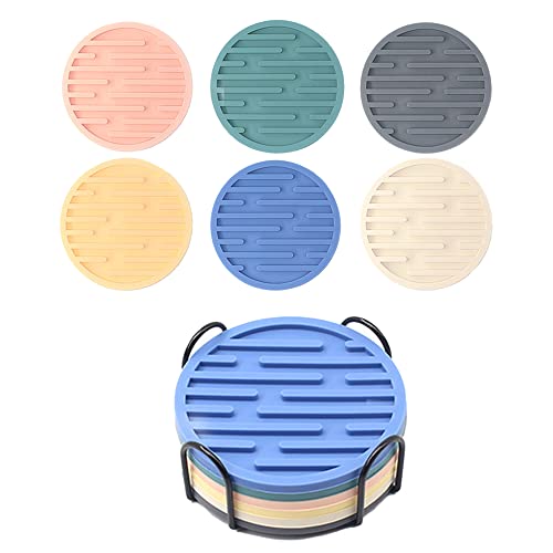 Creperture Lot de 6 dessous de verre ronds en silicone de 10 cm avec support résistant à la chaleur et anti-brûlure pour tasses à café, tasses, verres à vin