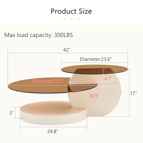 Brown Glass Coffee Table, Modern Round Tempered Glass Coffee Tables for Living Room, 3-Tier Circle Walnut Coffee Table with Storage Clear Cocktail Table for Small Space Home Office (White Base) - Thumbnail 2
