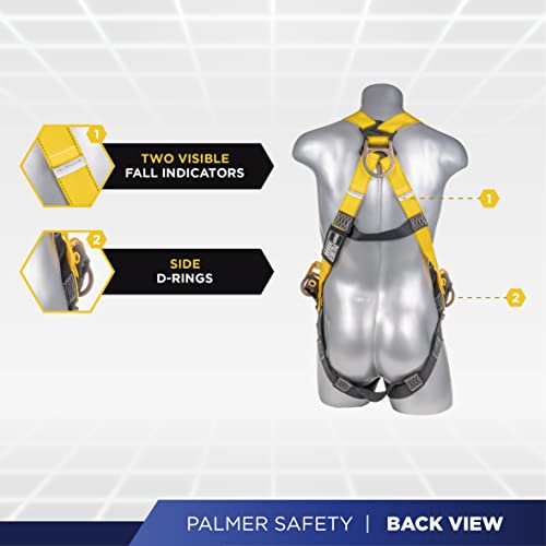 Palmer Safety Full Body Harness 3Pt Adjustment, Dorsal D-Ring, Side D-Rings, Fall Protection Safety Harness For Construction, Lift, Ansi Osha Compliant #TOP2