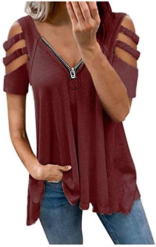 White Blouse,Tunic Tops to Wear with Leggings, Womens Shirts Zip V Neck Tees Hollow Out Short Sleeve Boluses Classic Solid Color T Shirts Shirts for Women Short Sleeve Casual