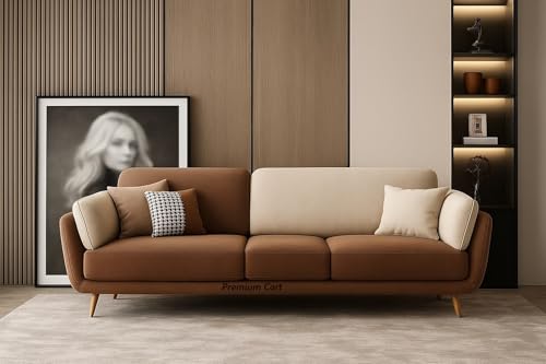 PREMIUM CART Velvet Contemperory Sofa with Cushion Chaise Lounge Sectional Sofa Perfect for Living Room & Bedroom Guests Home & Office (Beige & Brown, Four Seater)