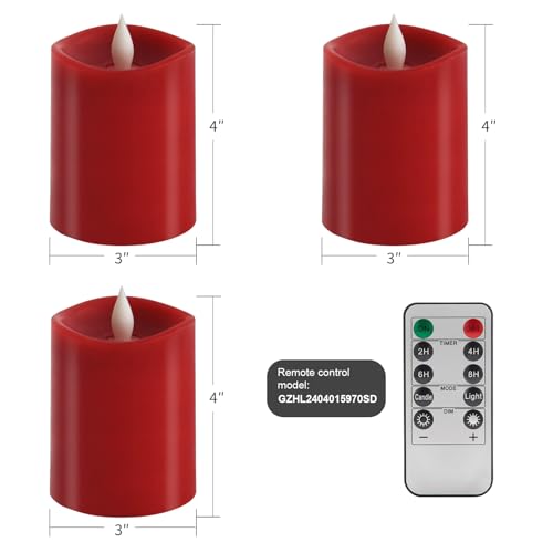 Image of 3x4 Flickering Flameless Candles Set of 3, 2AA Battery Life 600 Hours Battery Candles Flickering with Timer,4 inch Flameless Candles with Remote for Indoor /Outdoor, Red