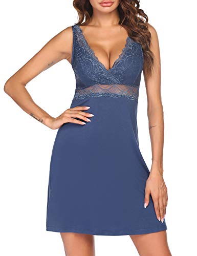 Ekouaer Womens Sexy Nightgowns V-Neck Slip Nighty Comfy Lounge Dress Lace Trim Sleepwear Dark Blue, Small
