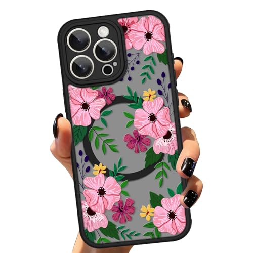 ZIYE for iPhone 15 Pro Max, Magnetic Matte Phone Case [Compatible with MagSafe] [Pink Flower Floral Pattern Design] Bumper Hard Back Shockproof Cover for Women Girls, Black by ZIYE - Used condition - US$5.43