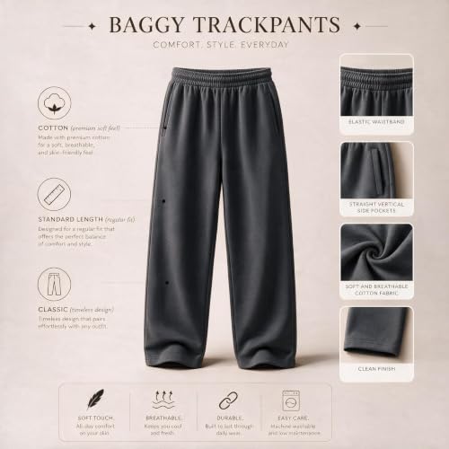 Image of MARK LOUIIS Men's Baggy Trackpants | Regular Fit Cotton Sweatpants with Drawstring Waist & Side Zipper Pockets | Oversized Casual Track Pants for Gym