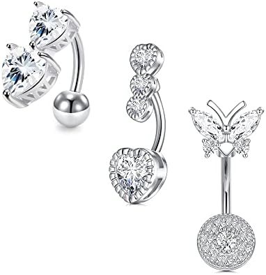 LAURITAMI Belly Bar Stainless Steel 10mm Belly Button Piercing Dangly Butterfly Cubic Zirconia Navel Piercing Jewellery 1.6mm