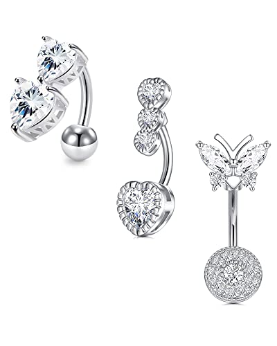 LAURITAMI 3 Piezas Plata Barra de Ombligo Inversa CZ ópalo Colgante Corazón Mariposa Serpiente 14G 10mm Anillos de Ombligo Piercing Joyería Acero Quirúrgico Cover