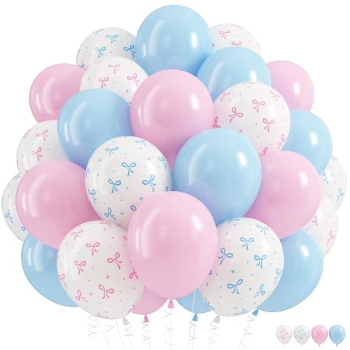 Image of HILAVO Pink and Blue Balloons, 60PCS 12 Inch Pastel Baby Pink and Blue | Gender Reveal Balloons Bow Print Balloon for Boy or Girl Gender Reveal Decorations Bear Bow Baby Shower Party Decoration