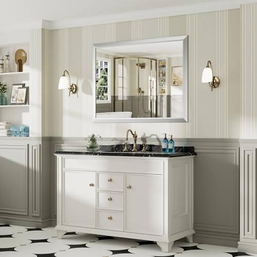 48x36 Inch Silver Bathroom Mirror for Wall, Thick Metal Framed Rectangle Mirrors for Over Sink, Bedroom, Living Room, Entryway, Anti-Rust, HD Tempered Glass