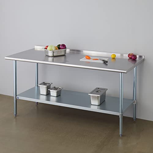 Image of ROCKPOINT Stainless Steel Table for Prep & Work with Backsplash 30x72 Inches, NSF Metal Commercial Kitchen Heavy Duty Table with Adjustable Under Shelf and Table Foot for Restaurant, Home and Hotel