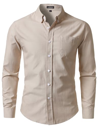 LucMatton Mens Lightweight Oxford Long-Sleeve Button-Down Shirt Business Casual Slim-fit Dress Shirts with Pocket Khaki Large
