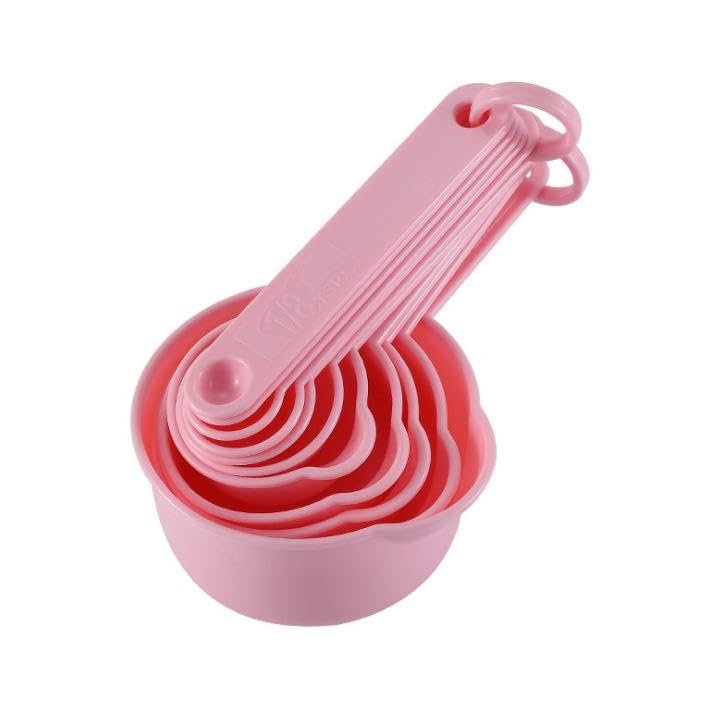 Set de 11 vasos y cucharas medidoras de plástico rosa miniatura 2