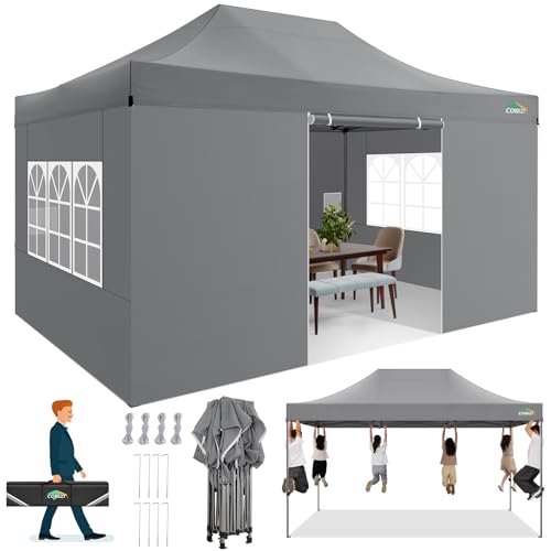 COBIZI 10x15 FT Heavy Duty Pop up Canopy with 4 Removable Sidewalls, Easy up Gazebo High Stability, All Weather Sunshade 100% Waterproof Outdoor Canopy Tents with Carry Bag, Gray