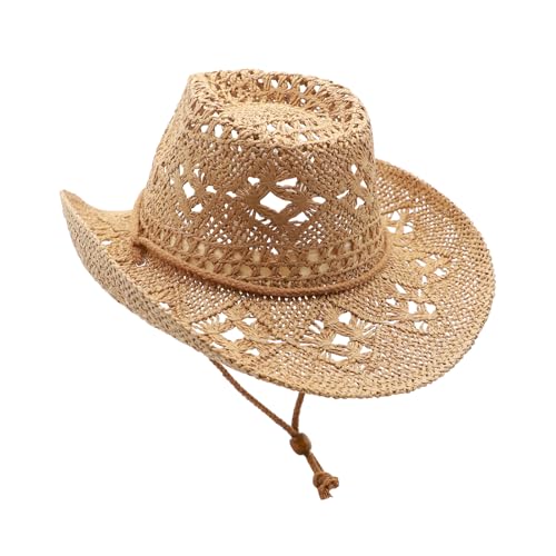 Image of Straw Cowgirl Hat for Women Cowboy Hats for Men Wide Brim Sun Hat Shapeable Western Hat Beach Hat (US, Alpha, Medium, Y-Brown)