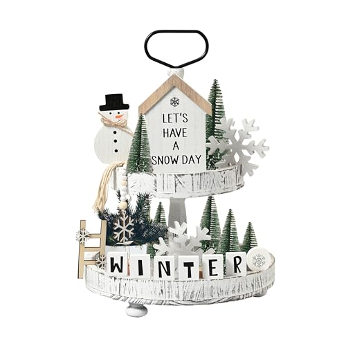 FESTGLOX 14Pcs Winter Christmas Tiered Tray Decor, Snowman Wood Signs Set for Tiered Tray, Small Rustic Winter Snowman Signs and Christmas Tree for Home Table Decoration (Tray Not Included)