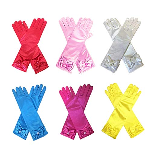 DH 6 Pairs Combo#2 Kid Stretch Satin Long Finger Pearl Bow Dress Gloves for Girl Children Party