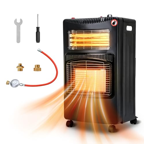 Jiubiaz Calefactor de gas de 4200 W, calefacción eléctrica de 1260 W, quemador de cerámica por infrarrojos, incluye regulador de presión de gas y manguera de gas, estufa de gas, butano o propano de