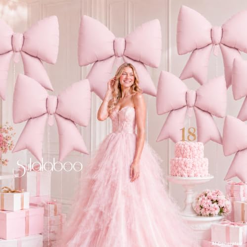 Image of 10Pcs Pink Bow Foil Balloons 38 Inch Big Helium Coquette Party | Light Pink Bow Shaped Balloons for Women Birthday Bridal Shower Wedding Bachelorette Anniversary Engagement Party Decoration
