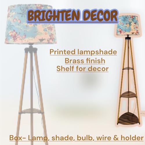 Image of Modern Tripod Floor Lamp with Storage Shelves, Floral Lampshade, Brass Finish, Wood Base, for Living Room, Bedroom