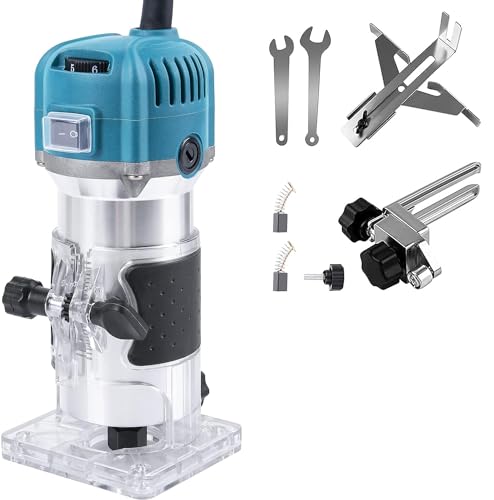 Affleureuse Défonceuse Trimmer Router Fraiseuse Électrique Outil à Bois 800W 30000RPM, 6 Vitesses Variables, Pince 6.35mm + 15 Fraises à Défoncer Queue de 1/4