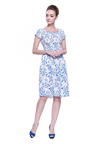 Women's Hawaiian Elastic Top Short Sleeve Dress In White With Blue Floral #TOP7
