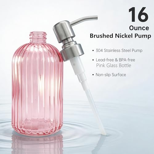 Image of 16 OZ Pink Glass Soap Dispenser Glass Soap Dispenser,Clear Pink Stripe Bathroom Hand Soap Dispensers with Stainless Steel Pump, Pink Kitchen Hand Soap Dispenser with Brushed Nickel Pump