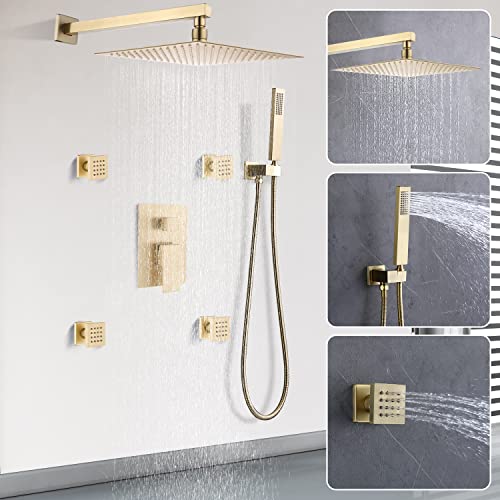 Enga-Brushed-Gold-Rain-Shower-System-with-4-Body-Shower-Jets-12inch-Wall-Mount-Rainfall-Shower-Head-Handheld-Multi-Shower-Head-System-Rain-Shower-Faucets-sets-Combo-with-Rough-in-Valve Enga Brushed Gold Rain Shower System with 4 Body Shower Jets 12inch Wall Mount Rainfall Shower Head Handheld Multi Shower Head System Rain Shower Faucets sets Combo with Rough in Valve