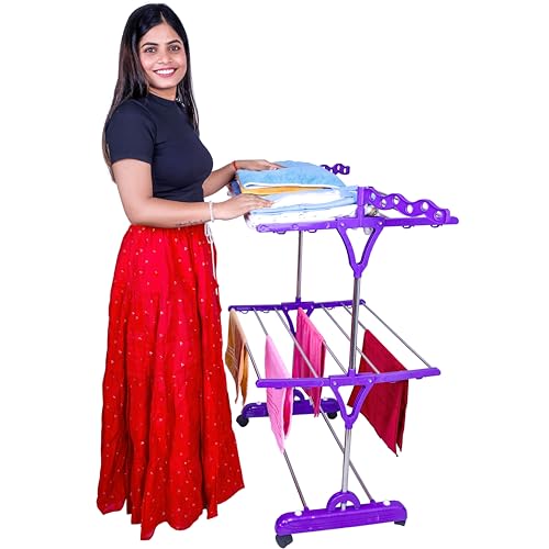 Image of UNIZONE Premium 2-Tier Foldable Cloth Drying Stand | Stainless Steel Laundry Rack with 14 Rods, 2 Shoe Rods, 12 Hanger Slots & 16 Hooks | Indoor & Balcony Clothes Dryer