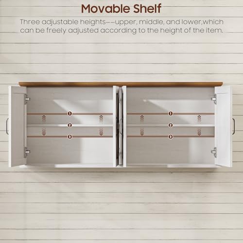 Image of Halitaa 47 inch Laundry Room Cabinets and Storage with 4 Doors and Utility Adjustable Shelf, Large Wall Mounted Storage Cabinet, Upper Kitchen Cabinet for Laundry, Bathroom, and Kitchen, White and Brown