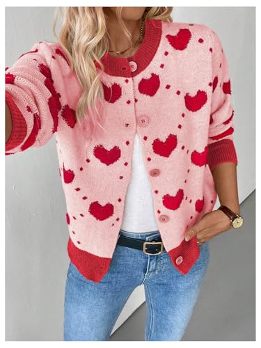 Image of GORGLITTER Women's Heart Long Sleeve Button Down Cardigan Sweater Fall Trendy Dressy Color Block Knit Short Cardigans