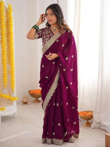 Image of SIRIL Women's Tissue Silk Sequence Embroidery Saree With Unstitched Blouse Piece