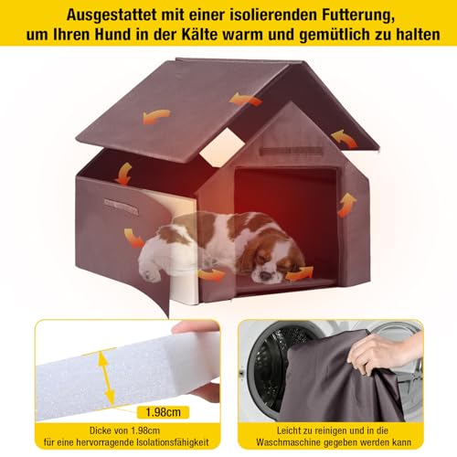 Aivituvin Outdoor Hundehaus mit isolierter Futterung, Wasserdichtes Welpen Schutzhaus, Indoor Hundehütte, beißgeschütztes Design, für kleine bis mittlere Hunde mit Veranda (Braun, L mit isolierter)